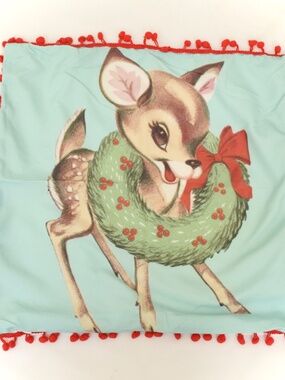 Retro Christmas Dear Wreath Bow Pom Pom Fringe Trim Mint 18" x 18" Pillow Cover